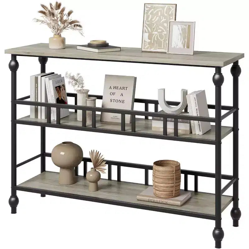 43'' Console Table with Storage, Farmhouse Rustic Skinny Entryway Table, Modern Wood Metal Hallway Sofa Table with Shelf, Narrow Couch Entry Table