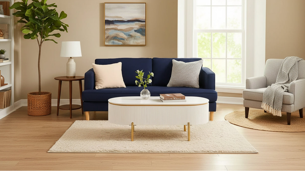 Royal Hampton Oval Coffee Table with Drawer, 47 Inch, Glossy White, Gold Metal