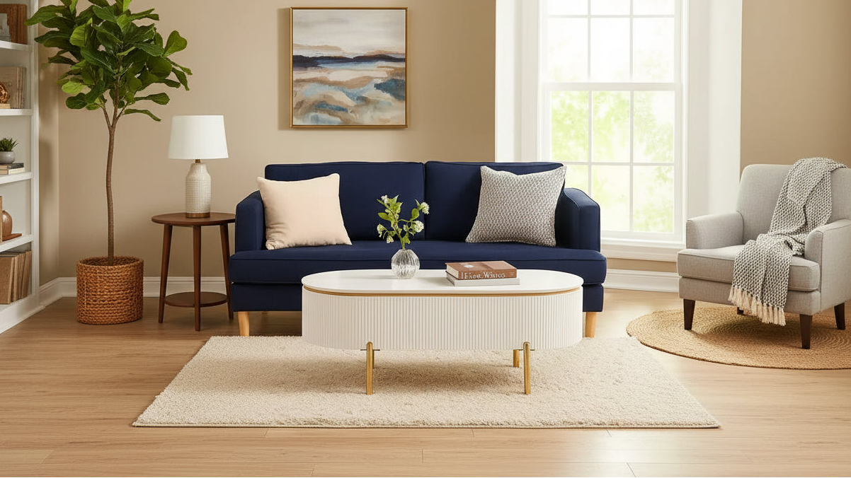 Royal Hampton Oval Coffee Table with Drawer, 47 Inch, Glossy White, Gold Metal