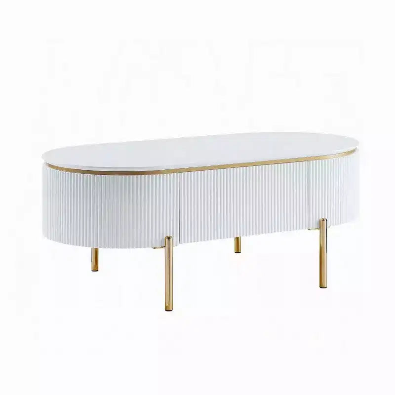 Oval Coffee Table with Drawer, 47 Inch, Glossy White, Gold Metal