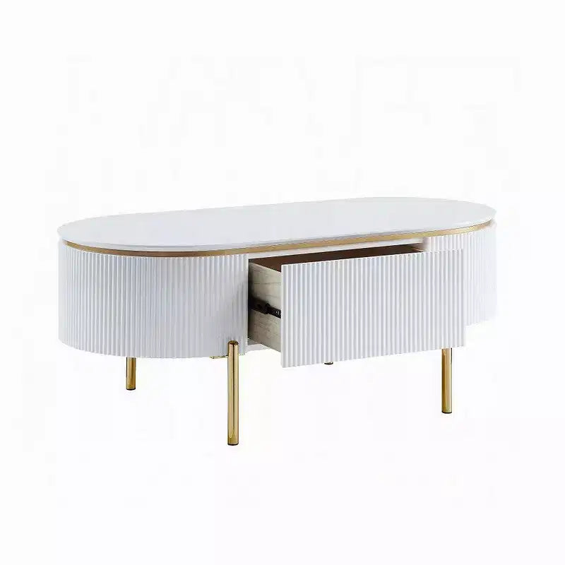 Oval Coffee Table with Drawer, 47 Inch, Glossy White, Gold Metal