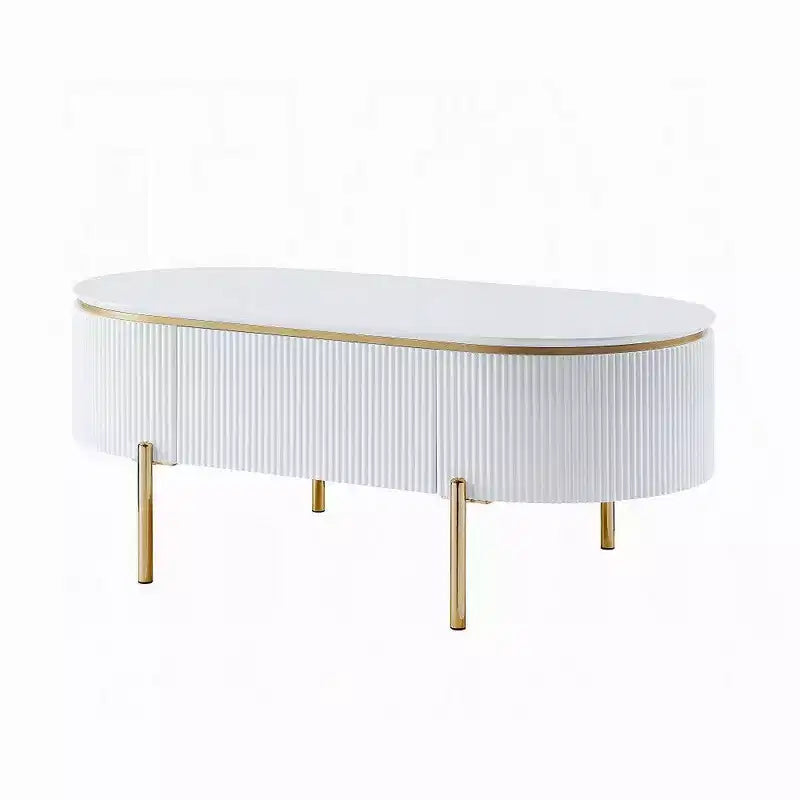 Oval Coffee Table with Drawer, 47 Inch, Glossy White, Gold Metal