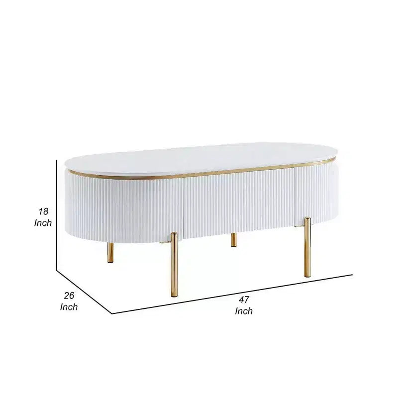 Oval Coffee Table with Drawer, 47 Inch, Glossy White, Gold Metal