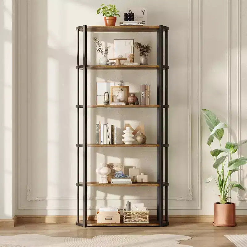 6 Tier Industrial Tall,Metal Frame Large Open Bookcase,Freestanding Wooden Bookshelf Storage Rack for Bedroom,Living Room,Home Office Brown and Black