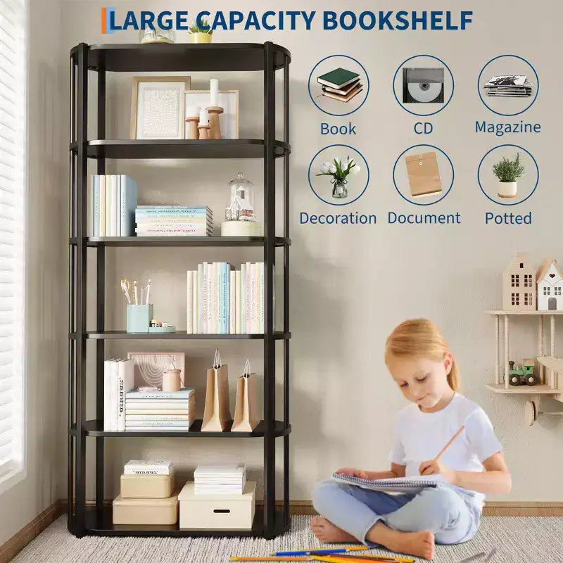 6 Tier Industrial Tall,Metal Frame Large Open Bookcase,Freestanding Wooden Bookshelf Storage Rack for Bedroom,Living Room,Home Office Brown and Black