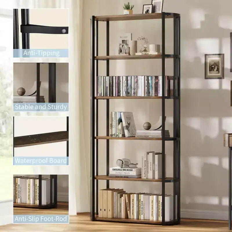 6 Tier Industrial Tall,Metal Frame Large Open Bookcase,Freestanding Wooden Bookshelf Storage Rack for Bedroom,Living Room,Home Office Brown and Black