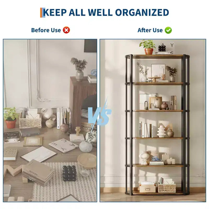 6 Tier Industrial Tall,Metal Frame Large Open Bookcase,Freestanding Wooden Bookshelf Storage Rack for Bedroom,Living Room,Home Office Brown and Black