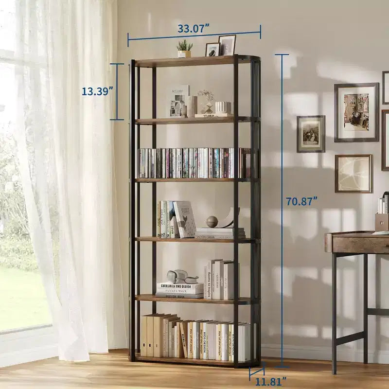 6 Tier Industrial Tall,Metal Frame Large Open Bookcase,Freestanding Wooden Bookshelf Storage Rack for Bedroom,Living Room,Home Office Brown and Black