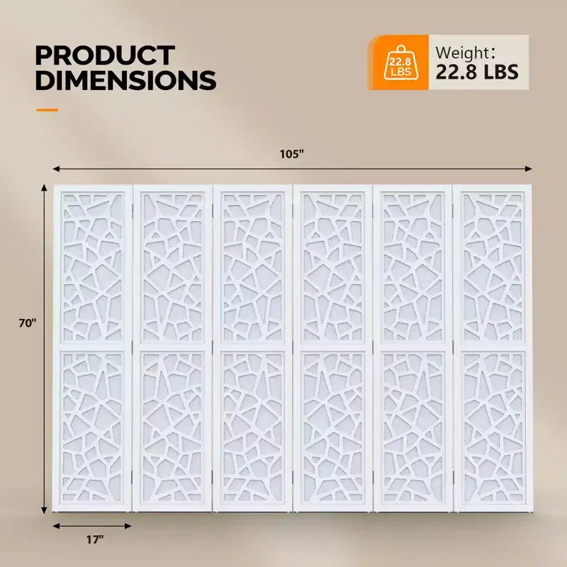 6 Panel Room Divider, Non-Woven Fabric Privacy Screen, Indoor Partition Wall Dividers, Freestanding Space Separator with Unique Pattern (White)