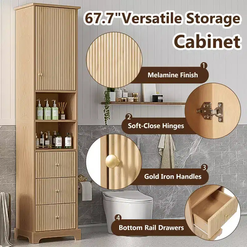67.7 Tall Freestanding Bathroom Cabinet, Traditional American Style,with Adjustable Shelf,Space-Saving Design
