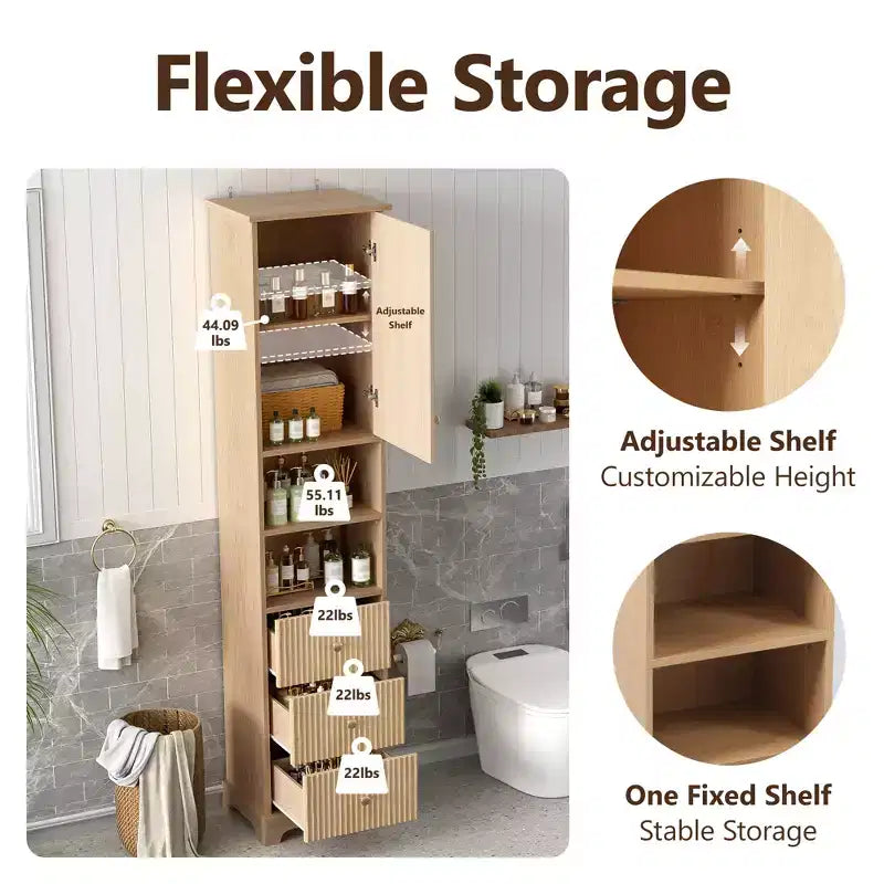 67.7 Tall Freestanding Bathroom Cabinet, Traditional American Style,with Adjustable Shelf,Space-Saving Design