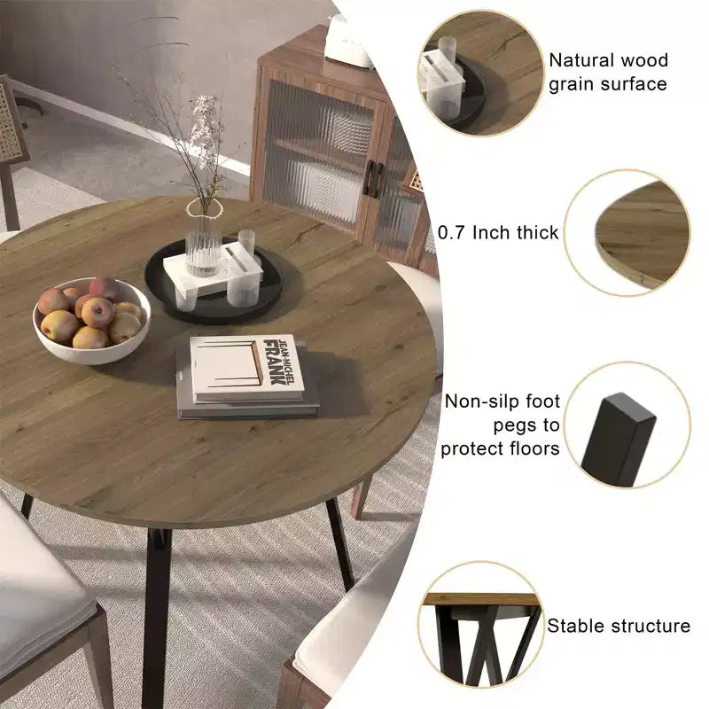 Round Dining Table for 2-4, Modern Wood Kitchen Table with Metal Legs for Dining Room, Living Room, or Office