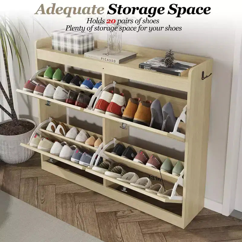 Large Shoe Storage Cabinet with 4 Flip Drawers,with Hooks and Storage, Hidden Shoe Organizer for Foyer, Hallway, Living Room