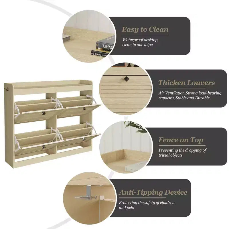 Large Shoe Storage Cabinet with 4 Flip Drawers,with Hooks and Storage, Hidden Shoe Organizer for Foyer, Hallway, Living Room