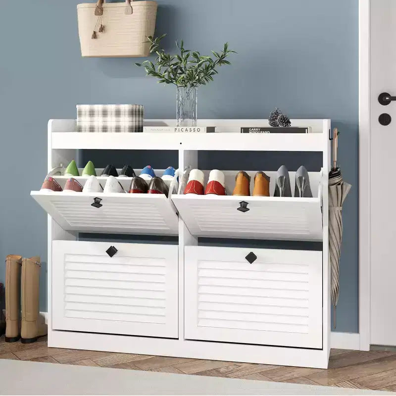 Large Shoe Storage Cabinet with 4 Flip Drawers,with Hooks and Storage, Hidden Shoe Organizer for Foyer, Hallway, Living Room