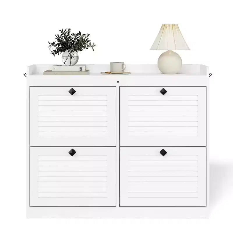 Large Shoe Storage Cabinet with 4 Flip Drawers,with Hooks and Storage, Hidden Shoe Organizer for Foyer, Hallway, Living Room