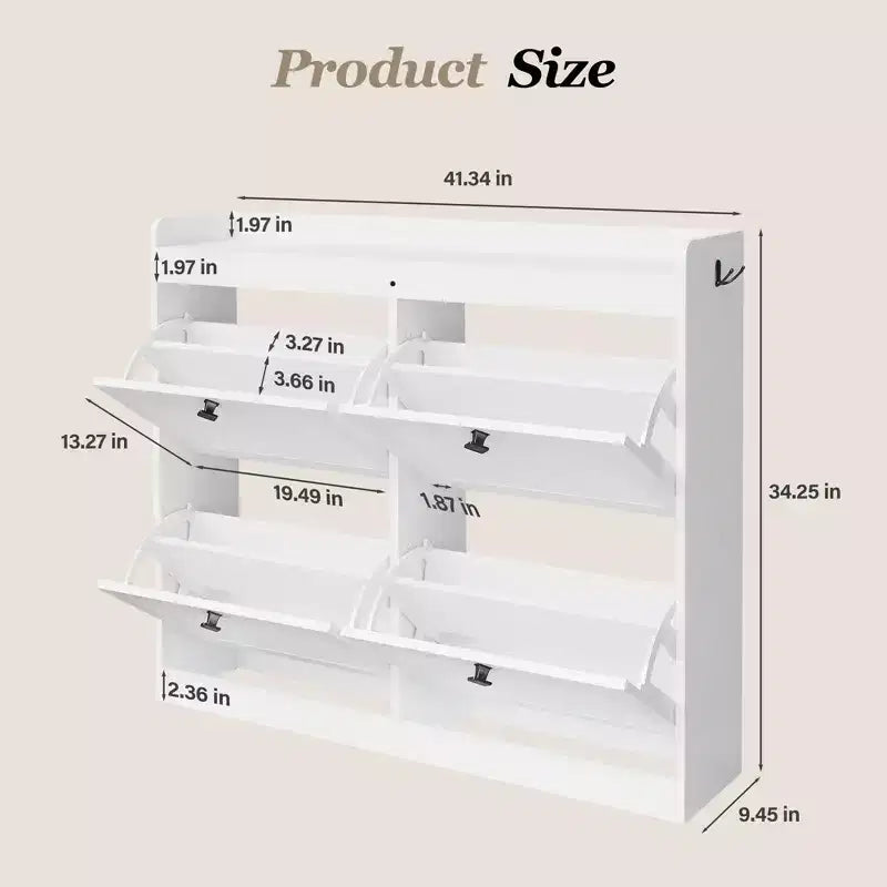 Large Shoe Storage Cabinet with 4 Flip Drawers,with Hooks and Storage, Hidden Shoe Organizer for Foyer, Hallway, Living Room