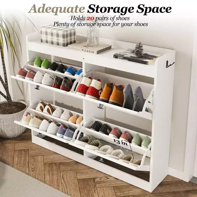 Large Shoe Storage Cabinet with 4 Flip Drawers,with Hooks and Storage, Hidden Shoe Organizer for Foyer, Hallway, Living Room