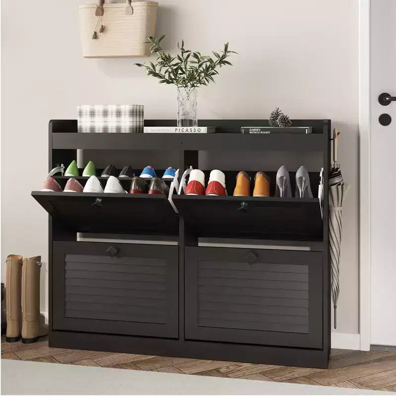 Large Shoe Storage Cabinet with 4 Flip Drawers,with Hooks and Storage, Hidden Shoe Organizer for Foyer, Hallway, Living Room