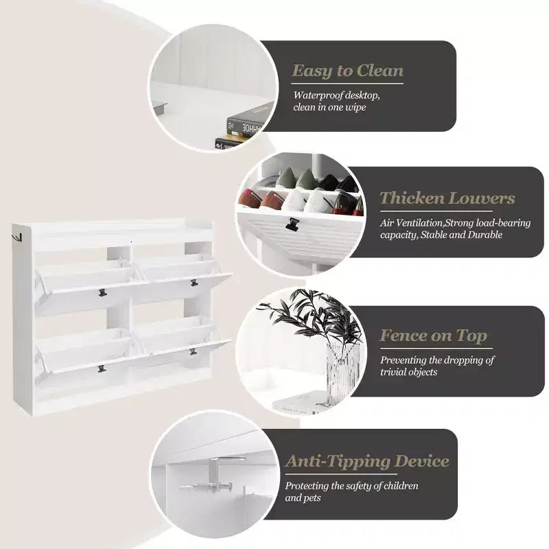 Large Shoe Storage Cabinet with 4 Flip Drawers,with Hooks and Storage, Hidden Shoe Organizer for Foyer, Hallway, Living Room