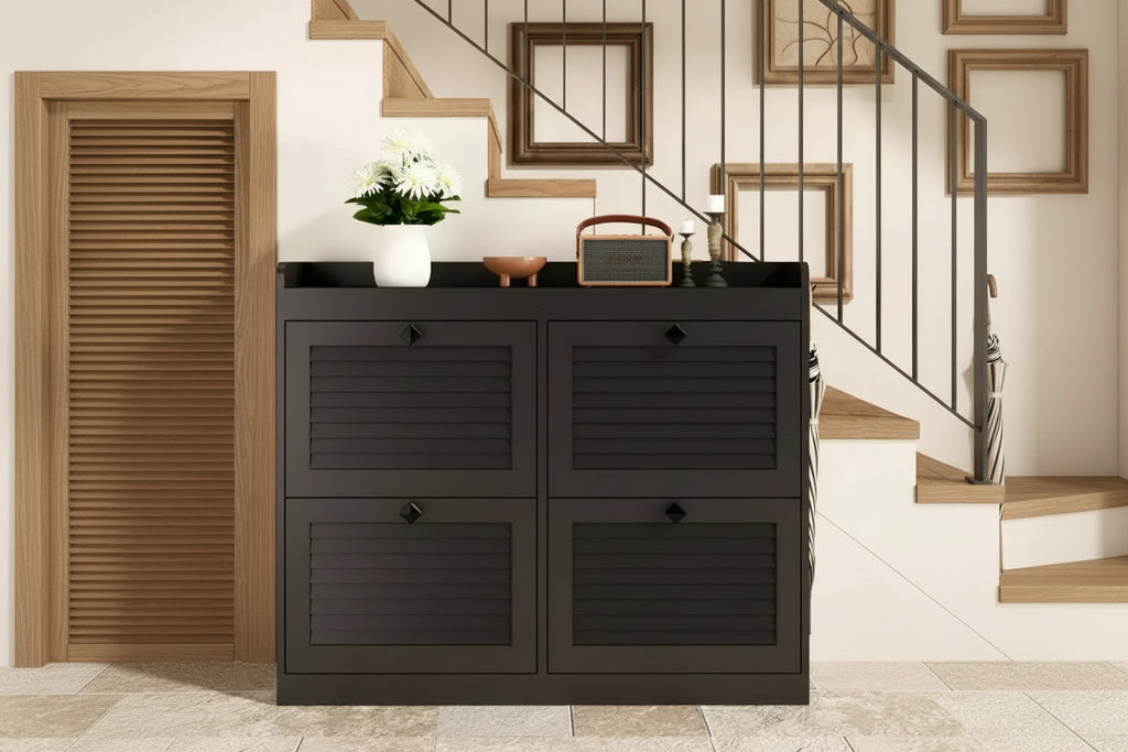 Large Shoe Storage Cabinet with 4 Flip Drawers,with Hooks and Storage, Hidden Shoe Organizer for Foyer, Hallway, Living Room