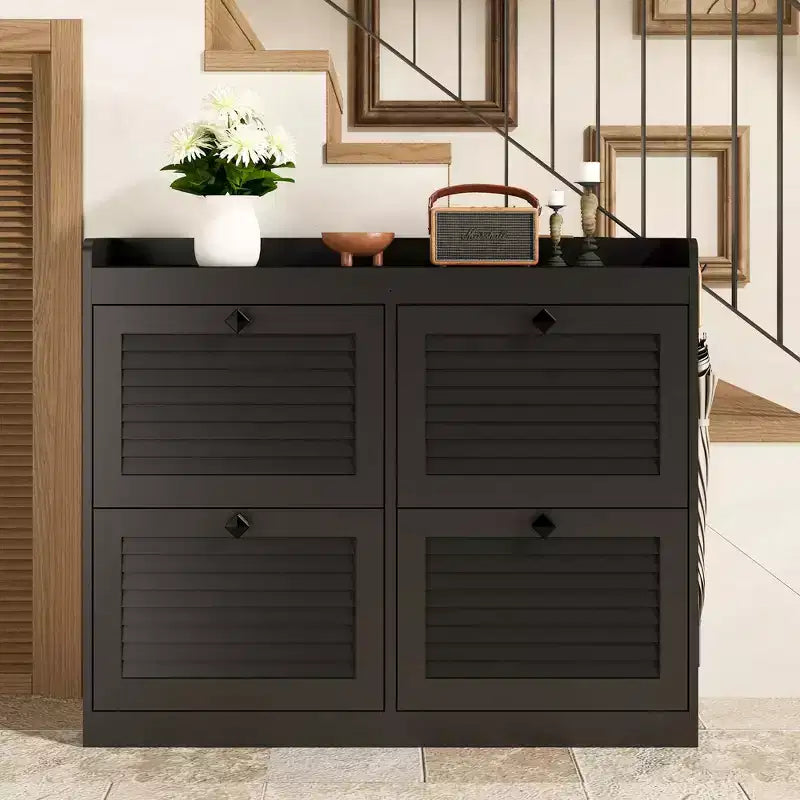 Large Shoe Storage Cabinet with 4 Flip Drawers,with Hooks and Storage, Hidden Shoe Organizer for Foyer, Hallway, Living Room