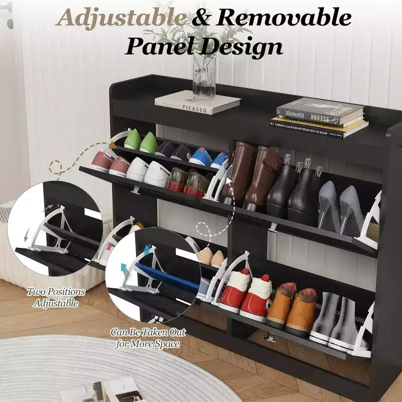 Large Shoe Storage Cabinet with 4 Flip Drawers,with Hooks and Storage, Hidden Shoe Organizer for Foyer, Hallway, Living Room