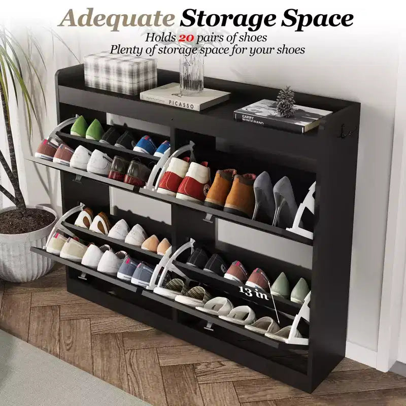 Large Shoe Storage Cabinet with 4 Flip Drawers,with Hooks and Storage, Hidden Shoe Organizer for Foyer, Hallway, Living Room