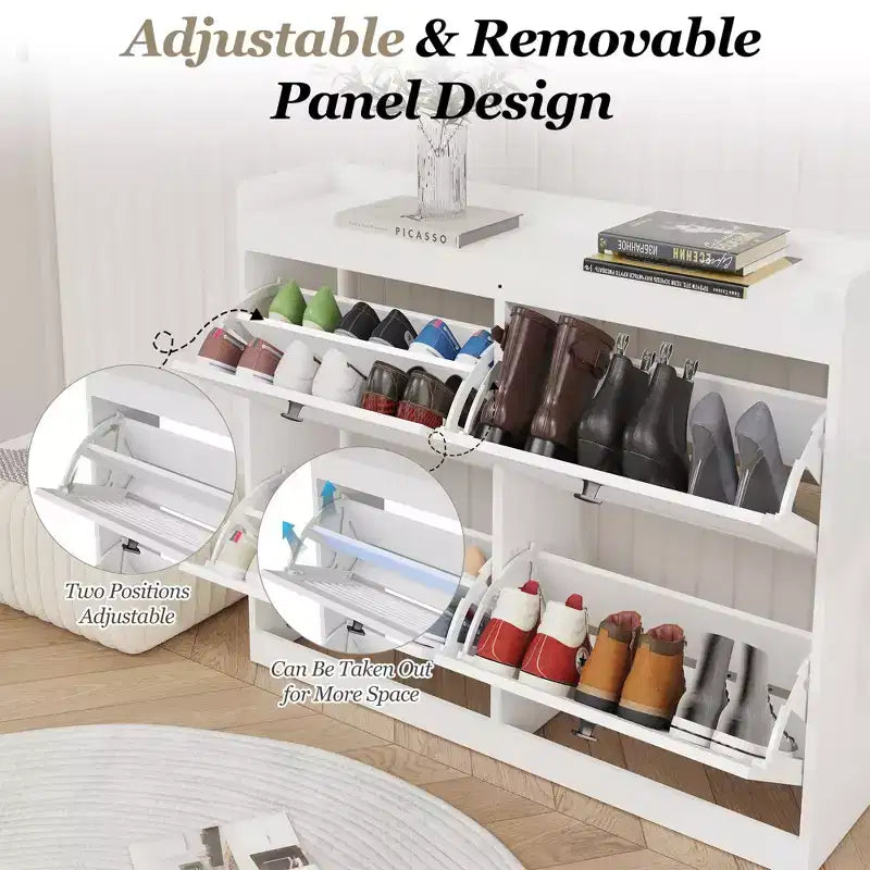 Large Shoe Storage Cabinet with 4 Flip Drawers,with Hooks and Storage, Hidden Shoe Organizer for Foyer, Hallway, Living Room