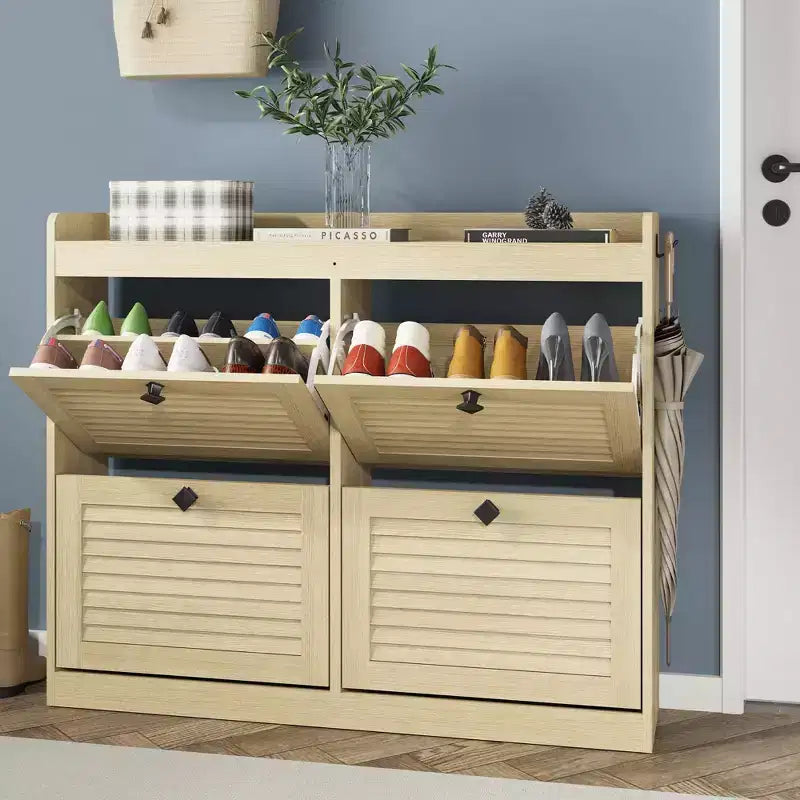 Large Shoe Storage Cabinet with 4 Flip Drawers,with Hooks and Storage, Hidden Shoe Organizer for Foyer, Hallway, Living Room