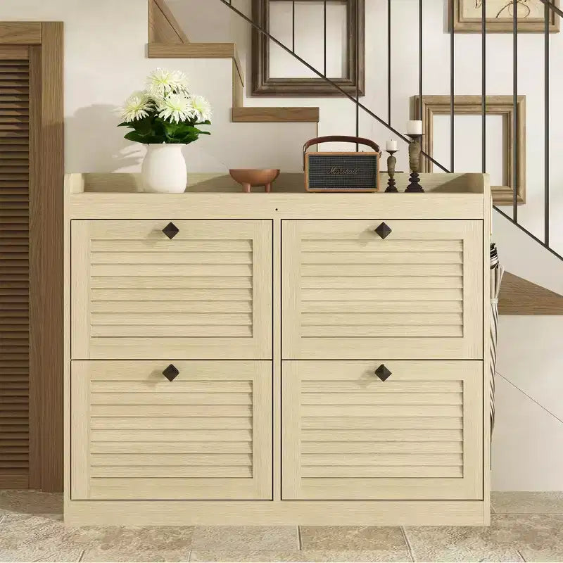 Large Shoe Storage Cabinet with 4 Flip Drawers,with Hooks and Storage, Hidden Shoe Organizer for Foyer, Hallway, Living Room