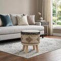 16 Beige Jute And Brown Round Abstract Ottoman
