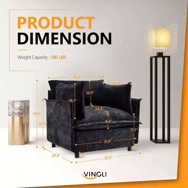 Black Accent Chair 34 Width Oversized Reading Chair Upholstered Armchair Soft Chenille Fabric Living Room Chairs Sofa for Adults Bedroom