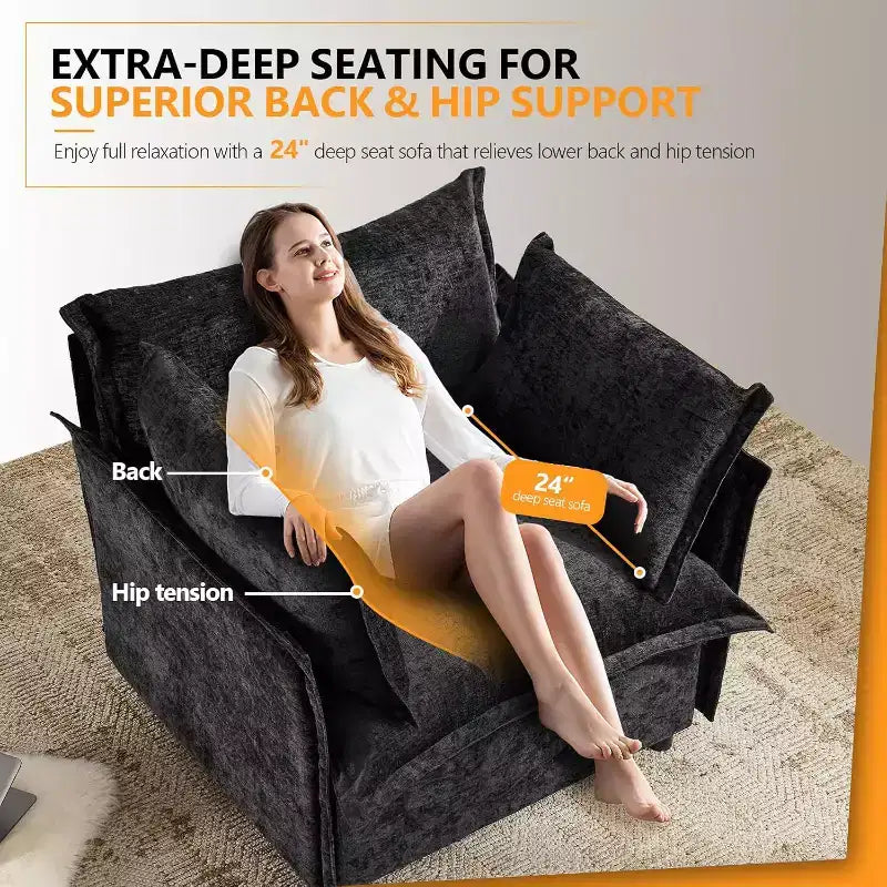 Black Accent Chair 34 Width Oversized Reading Chair Upholstered Armchair Soft Chenille Fabric Living Room Chairs Sofa for Adults Bedroom