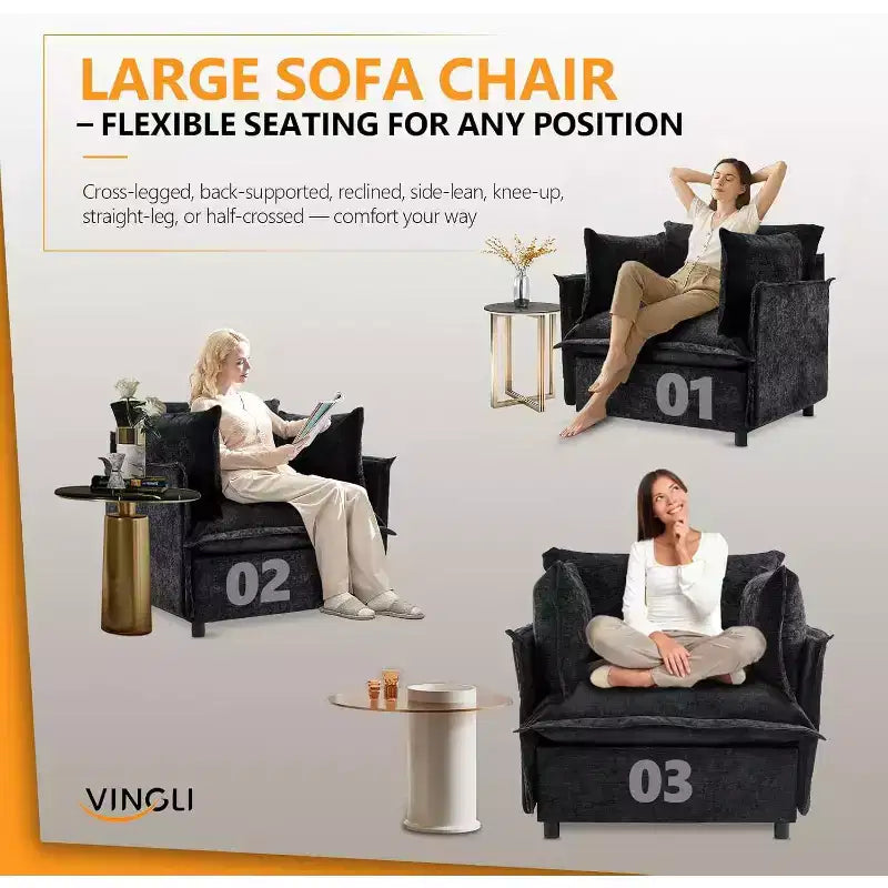 Black Accent Chair 34 Width Oversized Reading Chair Upholstered Armchair Soft Chenille Fabric Living Room Chairs Sofa for Adults Bedroom