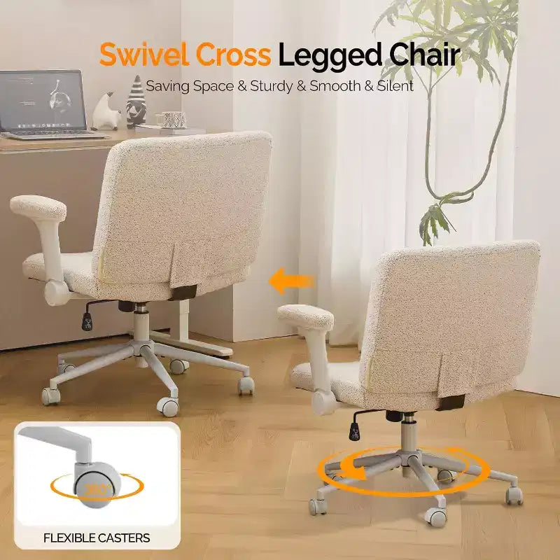 Criss Cross Chair with Adjustable Flip-Up Arms,Cross Legged Chair with Wheels,Extra Wide Office Chair,Desk Chair for Home Office,Vanity
