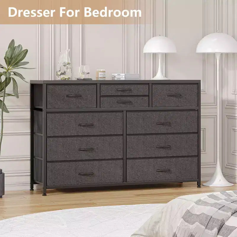 45 Modern 10-Drawer Dresser & TV Stand with Wood Top, Metal Frame and Fabric Drawers for Bedroom, Living Room and Closet Organization