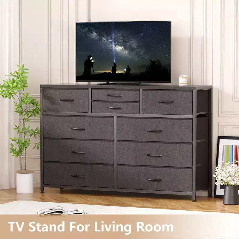 45 Modern 10-Drawer Dresser & TV Stand with Wood Top, Metal Frame and Fabric Drawers for Bedroom, Living Room and Closet Organization