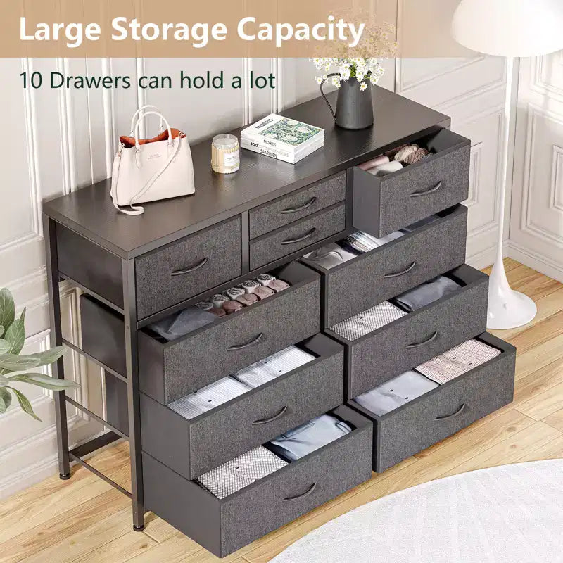 45 Modern 10-Drawer Dresser & TV Stand with Wood Top, Metal Frame and Fabric Drawers for Bedroom, Living Room and Closet Organization