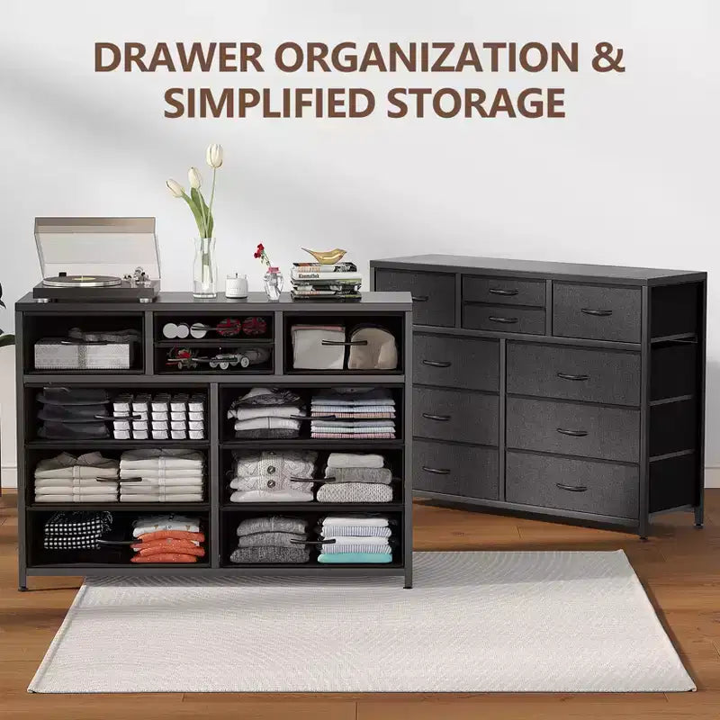 45 Modern 10-Drawer Dresser & TV Stand with Wood Top, Metal Frame and Fabric Drawers for Bedroom, Living Room and Closet Organization