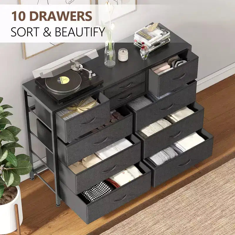 45 Modern 10-Drawer Dresser & TV Stand with Wood Top, Metal Frame and Fabric Drawers for Bedroom, Living Room and Closet Organization