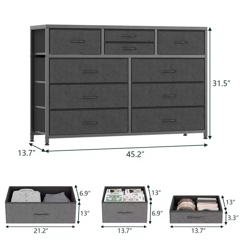 45 Modern 10-Drawer Dresser & TV Stand with Wood Top, Metal Frame and Fabric Drawers for Bedroom, Living Room and Closet Organization