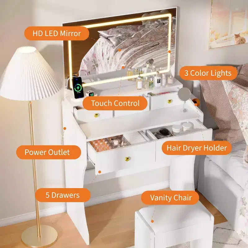 31.5-Inch Wide Vanity with Cushioned Stool - Dressing Table Featuring Power Outlet, Hair Dryer Holder & 5 Drawers
