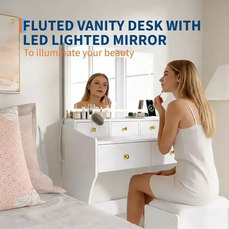 31.5-Inch Wide Vanity with Cushioned Stool - Dressing Table Featuring Power Outlet, Hair Dryer Holder & 5 Drawers
