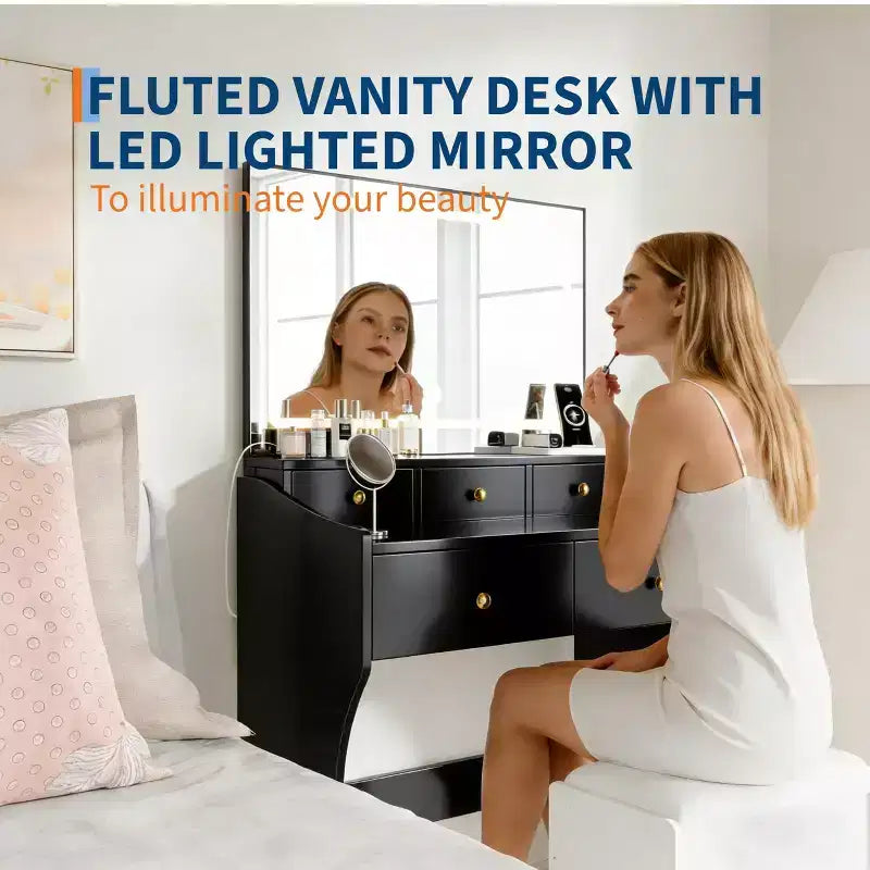 31.5-Inch Wide Vanity with Cushioned Stool - Dressing Table Featuring Power Outlet, Hair Dryer Holder & 5 Drawers