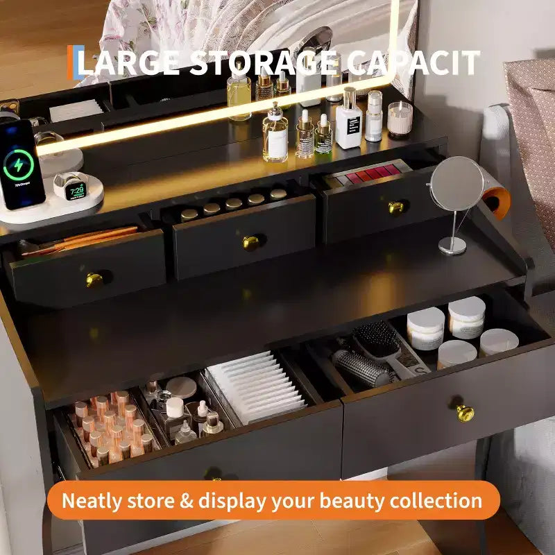 31.5-Inch Wide Vanity with Cushioned Stool - Dressing Table Featuring Power Outlet, Hair Dryer Holder & 5 Drawers