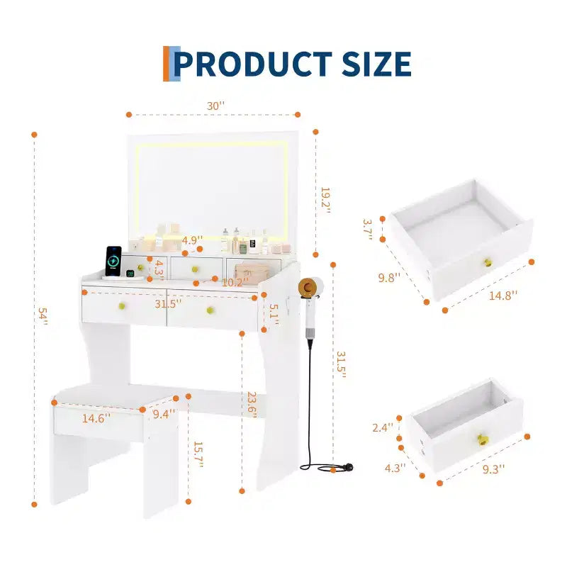 31.5-Inch Wide Vanity with Cushioned Stool - Dressing Table Featuring Power Outlet, Hair Dryer Holder & 5 Drawers