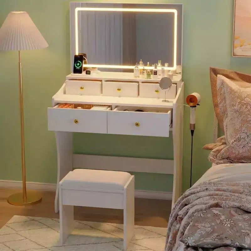 31.5-Inch Wide Vanity with Cushioned Stool - Dressing Table Featuring Power Outlet, Hair Dryer Holder & 5 Drawers