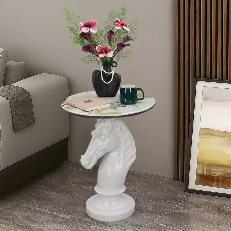 White Horse Head Accent Table, Animal Statue End Table for Living Room