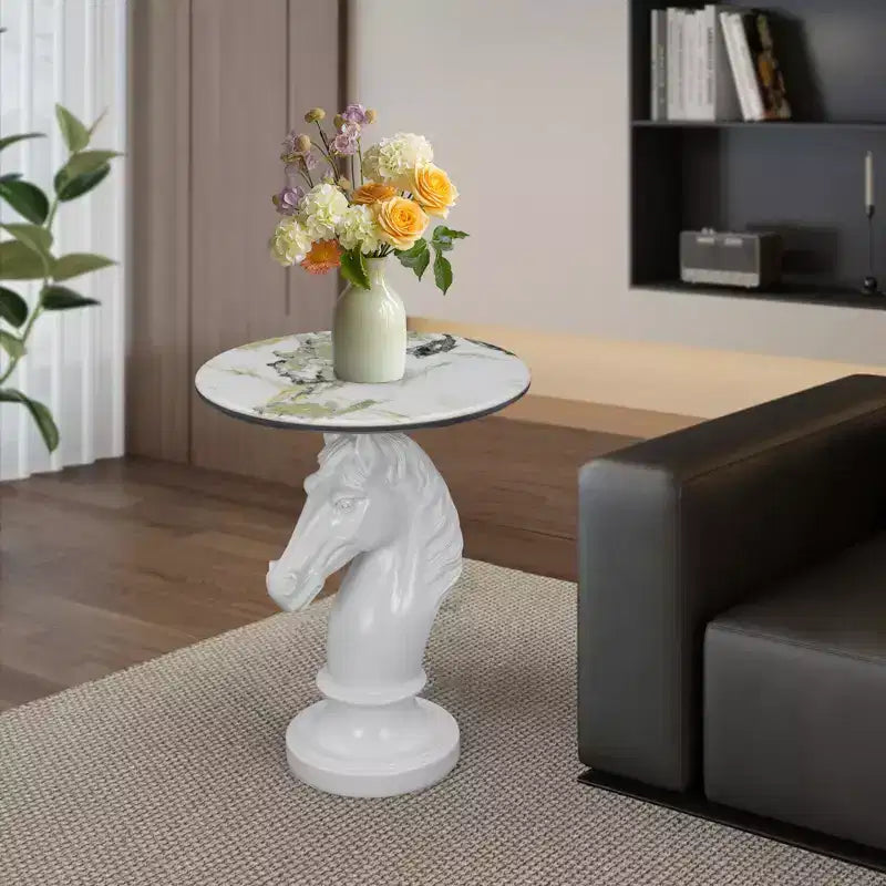 White Horse Head Accent Table, Animal Statue End Table for Living Room